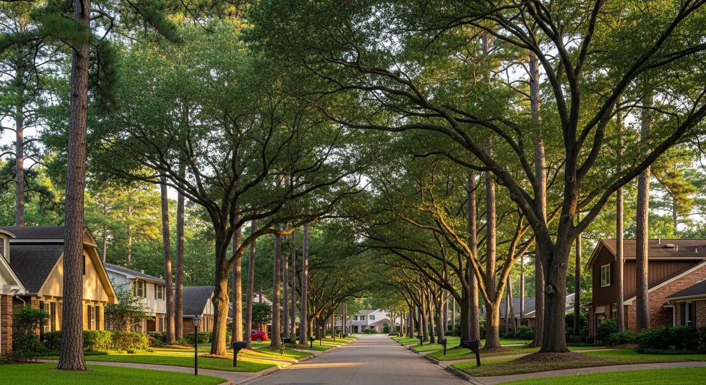 Tree-lined residential street with brick homes and tall pines in The Woodlands, Texas